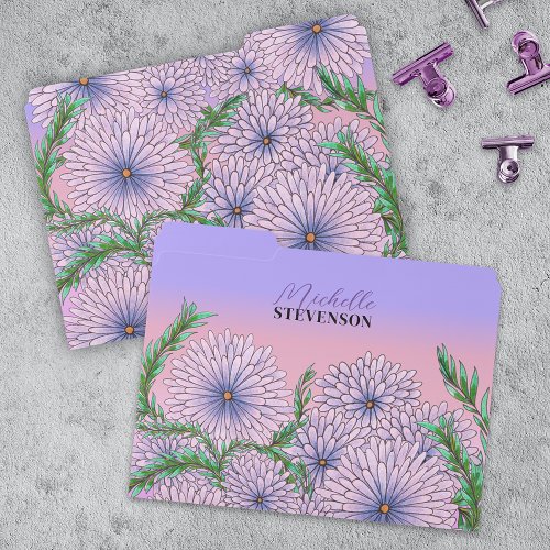 Pastel Purple Purple Flowers and Green Leaves  File Folder