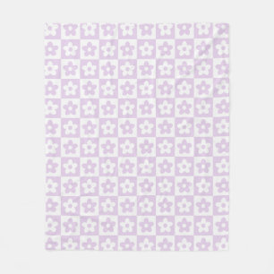 Pastel Purple Retro Checkered Flower Pattern Fleece Blanket