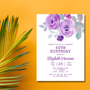 Pastel Purple Rose Floral Greenery 40th Birthday Invitation
