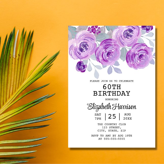 Pastel Purple Rose Floral Greenery 60th Birthday  Invitation (Creator Uploaded)