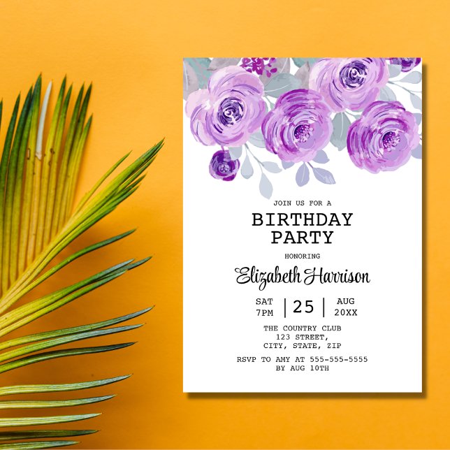 Pastel Purple Rose Floral Greenery Birthday Party Invitation (Creator Uploaded)