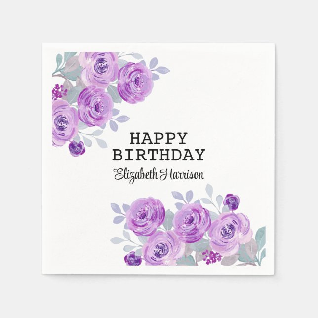 Pastel Purple Rose Floral Greenery Happy Birthday  Napkins (Front)