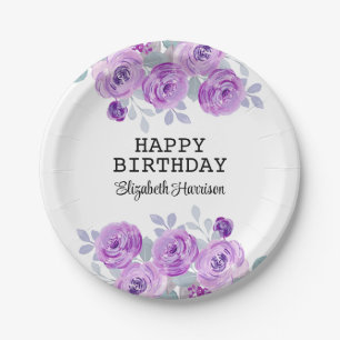 Pastel Purple Rose Floral Greenery Happy Birthday Paper Plates
