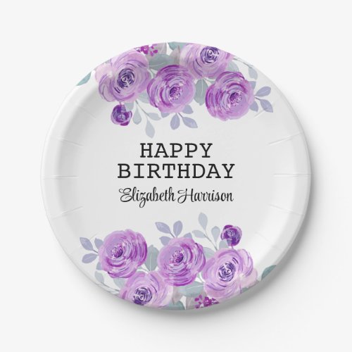 Pastel Purple Rose Floral Greenery Happy Birthday  Paper Plates