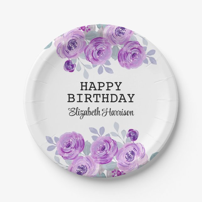 Pastel Purple Rose Floral Greenery Happy Birthday  Paper Plates (Front)
