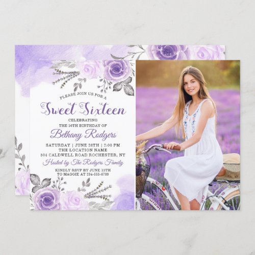 Pastel Purple Rose Garden Sweet 16 Birthday Photo Invitation