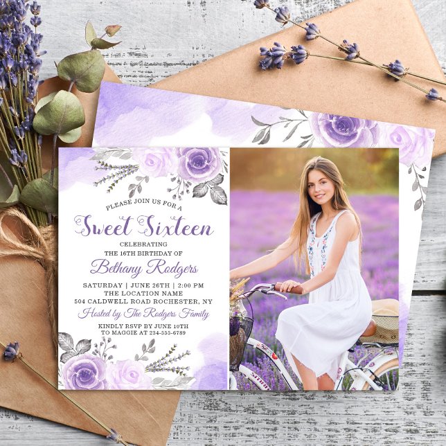 Pastel Purple Rose Garden Sweet 16 Birthday Photo Invitation (Creator Uploaded)