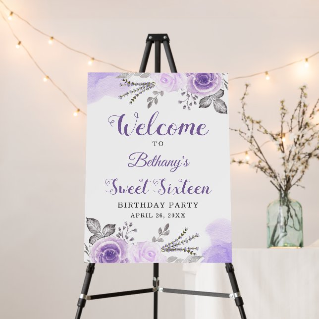 Pastel Purple Rose Garden Sweet 16 Party Welcome Foam Board (In Situ (Stand))