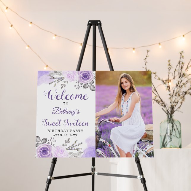 Pastel Purple Rose Garden Sweet 16 Photo Welcome Foam Board (In Situ (Stand))