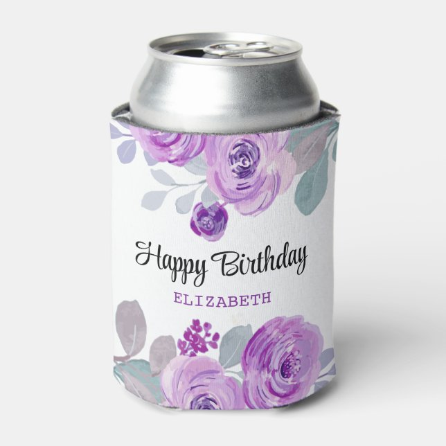 Pastel Purple Rose Greenery Happy Birthday  Can Cooler (Can Front)