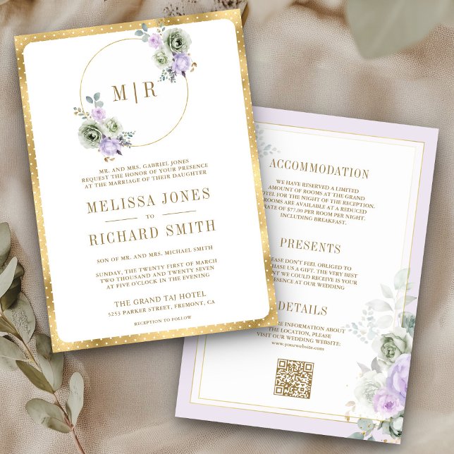 Pastel Purple Sage Green Floral All in One Wedding Invitation (Creator Uploaded)