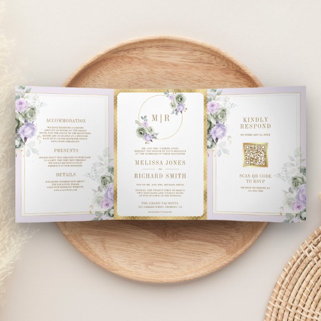 Pastel Purple Sage Green Floral All in One Wedding Tri-Fold Invitation (Creator Uploaded)