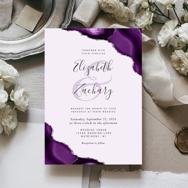 Pastel Purple Silver Agate Corners Wedding Invitation (Creator Uploaded)
