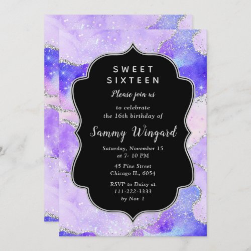 Pastel Purple Silver Sequins Agate Sweet Sixteen Invitation