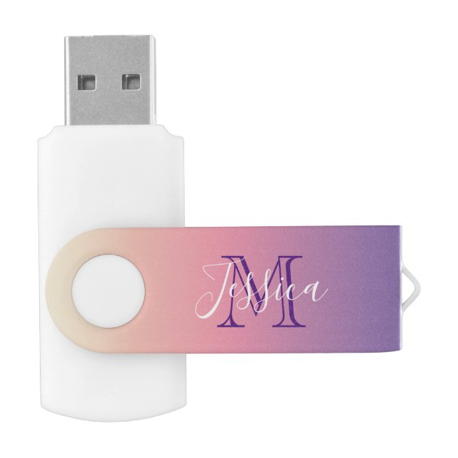Pastel Purple Sunset Gradient Ombre Name Monogram Flash Drive (Opened)