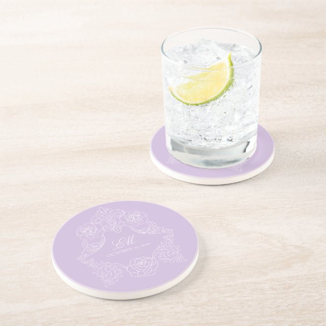 Pastel Purple Victorian Wedding Crest Monogram Coaster (Side)