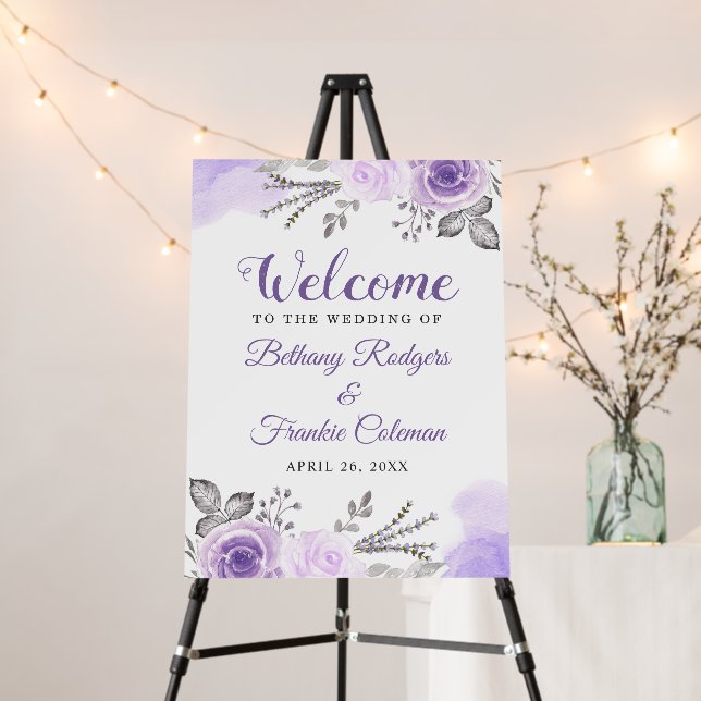 Pastel Purple Watercolor Floral Wedding Welcome Foam Board (In Situ (Stand))
