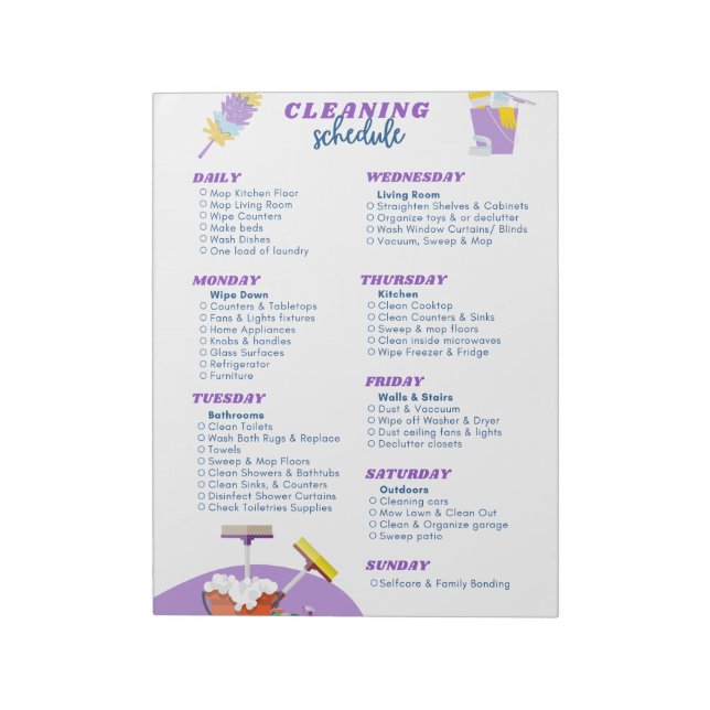 Pastel Purple Weekly Cleaning Schedule Checklist  Notepad (Rotated)