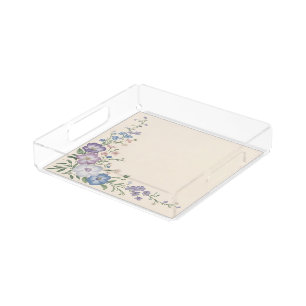 Pastel Purple, White & Blue Botanical Floral Print Acrylic Tray