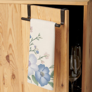 Pastel Purple, White & Blue Botanical Floral Print Kitchen Towel
