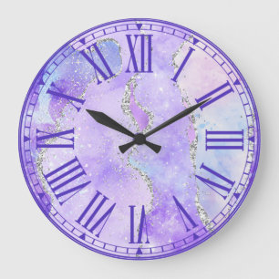Pastel Purple & White Faux Silver Glitter Agate Large Clock