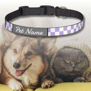 Pastel Purple White Vintage Checkered Name Cat Dog Pet Collar
