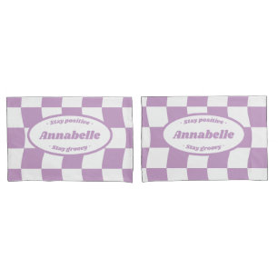 Pastel Purple White Wavy Checker Name Pillow Case
