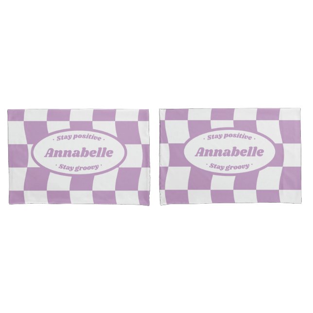 Pastel Purple White Wavy Checker Name Pillow Case (Front-Set)