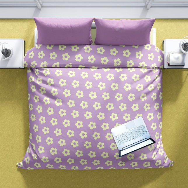 Pastel Purple Yellow Cute Daisy Flower Pattern Duvet Cover (Purple duvet cover with print of yellow cartoon flowers)