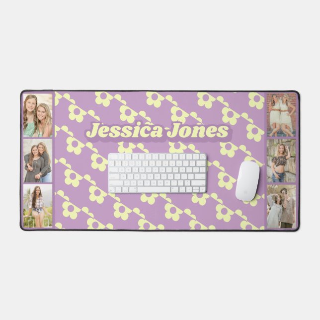 Pastel Purple Yellow Cute Daisy Name Photo Collage Desk Mat (Keyboard & Mouse)