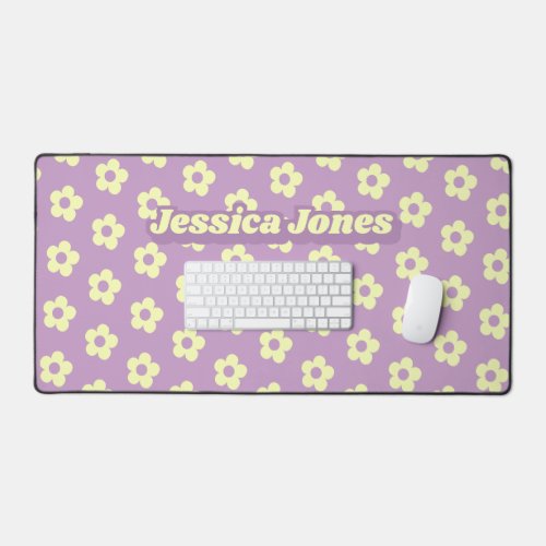 Pastel Purple Yellow Cute Daisy Retro Name Desk Mat