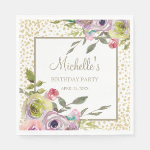 Pastel Purple Yellow Floral Gold Glitter Birthday Napkins