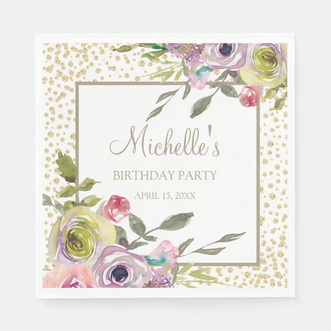 Pastel Purple Yellow Floral Gold Glitter Birthday  Napkins (Front)