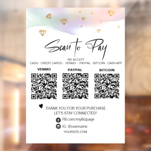  Pastel QR  3 PAYMENT DIamond Scan To Pay Window Cling