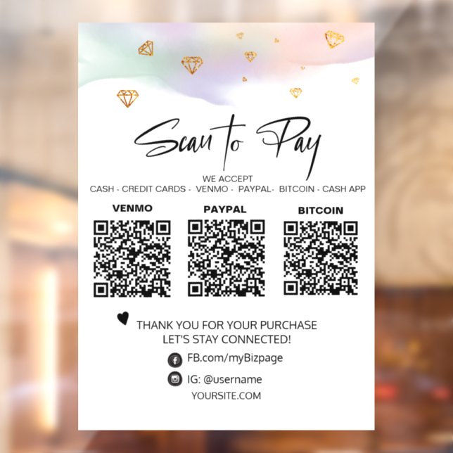 *~* Pastel QR  3 PAYMENT DIamond Scan To Pay Window Cling (Sheet 2)