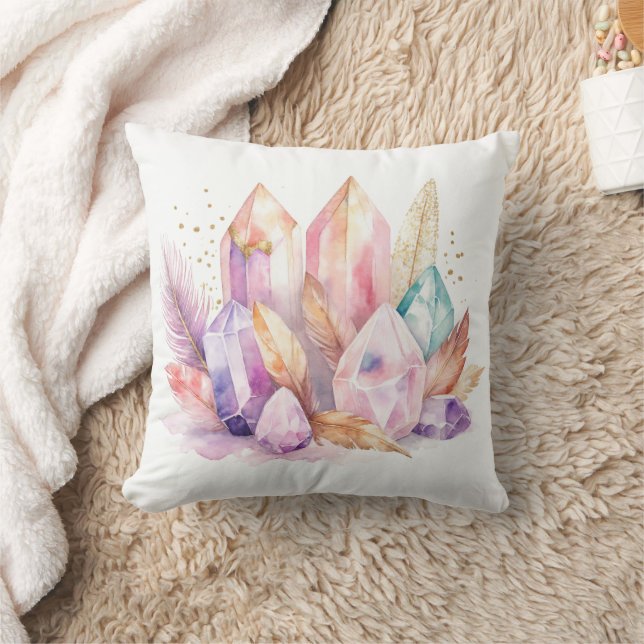 Pastel Quartz Crystals Feathers & Gold Throw Pillow (Blanket)