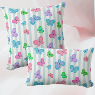 Pastel Quilty Butterflies on Blue White Stripe Lumbar Pillow