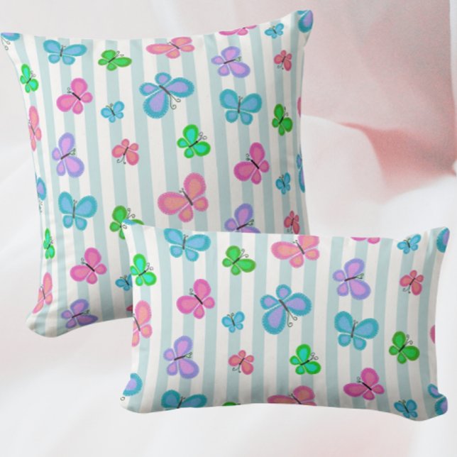 Pastel Quilty Butterflies on Blue White Stripe Lumbar Pillow (Colorful butterflies!)