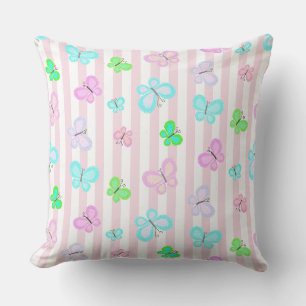 Pastel Quilty Butterflies on Pink White Stripe Throw Pillow