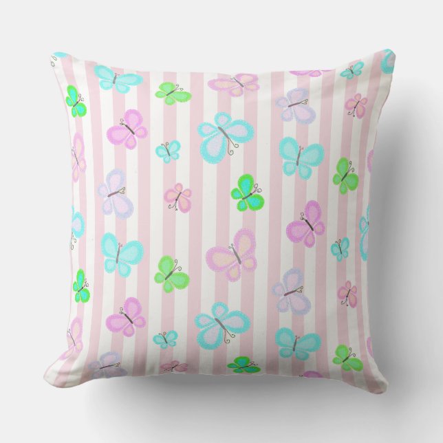 Pastel Quilty Butterflies on Pink White Stripe Throw Pillow (Front)