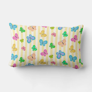Pastel Quilty Butterflies on Yellow White Stripe Lumbar Pillow
