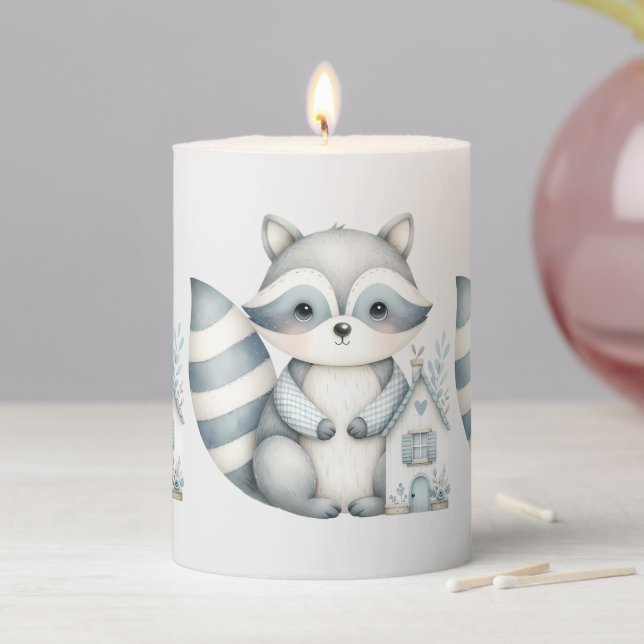 Pastel Raccoon Cottage Neutral Woodland Scene Pillar Candle (In Situ)