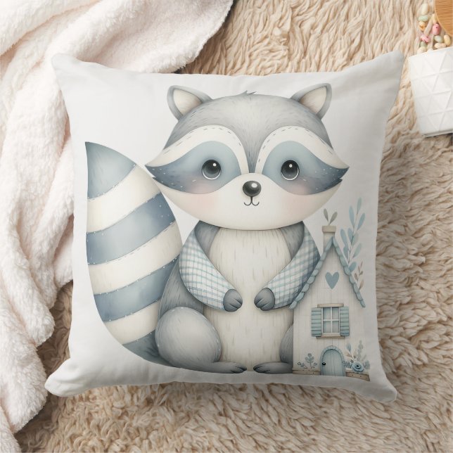 Pastel Raccoon Cottage Neutral Woodland Scene Throw Pillow (Blanket)
