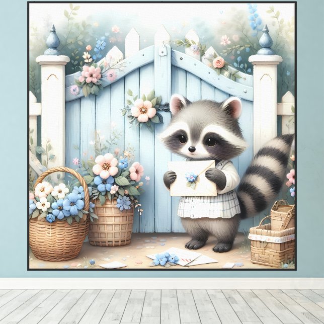 Pastel Raccoon Letter Garden Canvas Print (Insitu(Wood Floor))