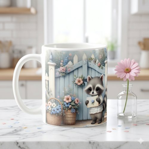 Pastel Raccoon Letter Garden Coffee Mug