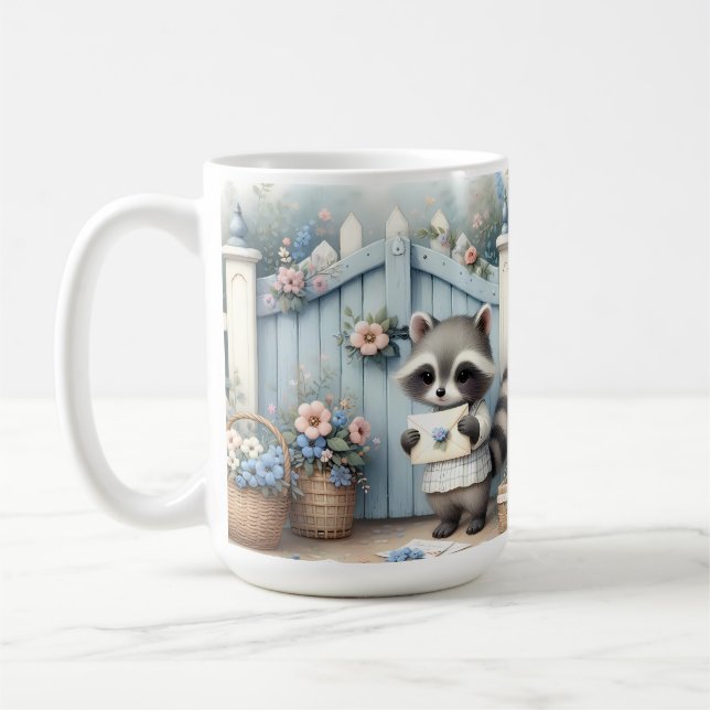 Pastel Raccoon Letter Garden Coffee Mug (Left)