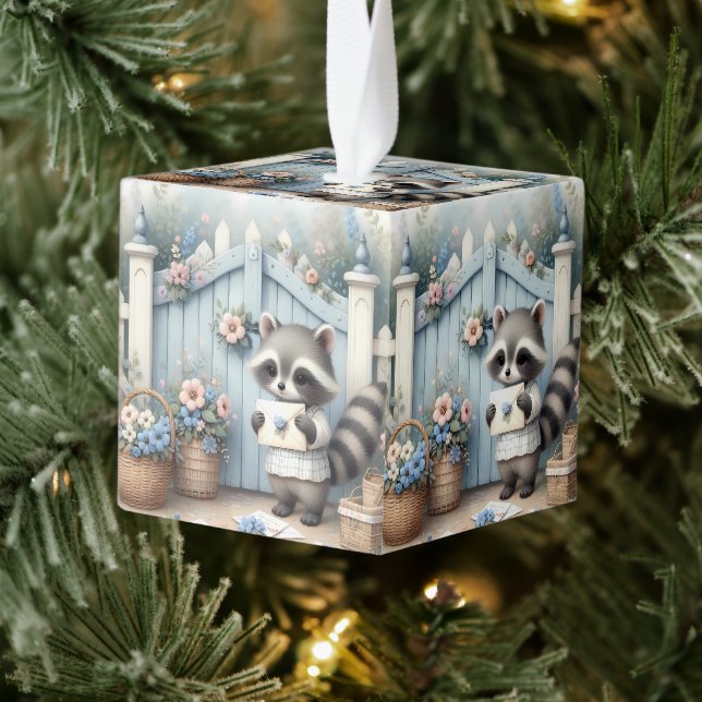 Pastel Raccoon Letter Garden Cube Ornament (Tree)