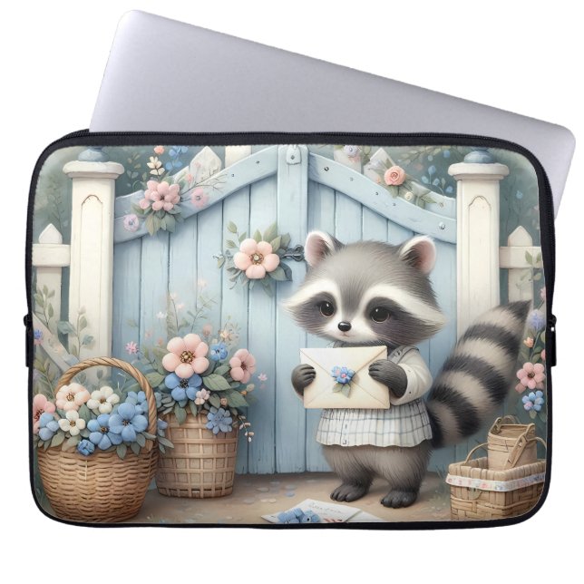 Pastel Raccoon Letter Garden Laptop Sleeve (Front)
