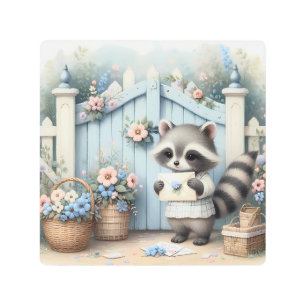 Pastel Raccoon Letter Garden Metal Print