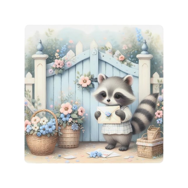 Pastel Raccoon Letter Garden Metal Print (Front)